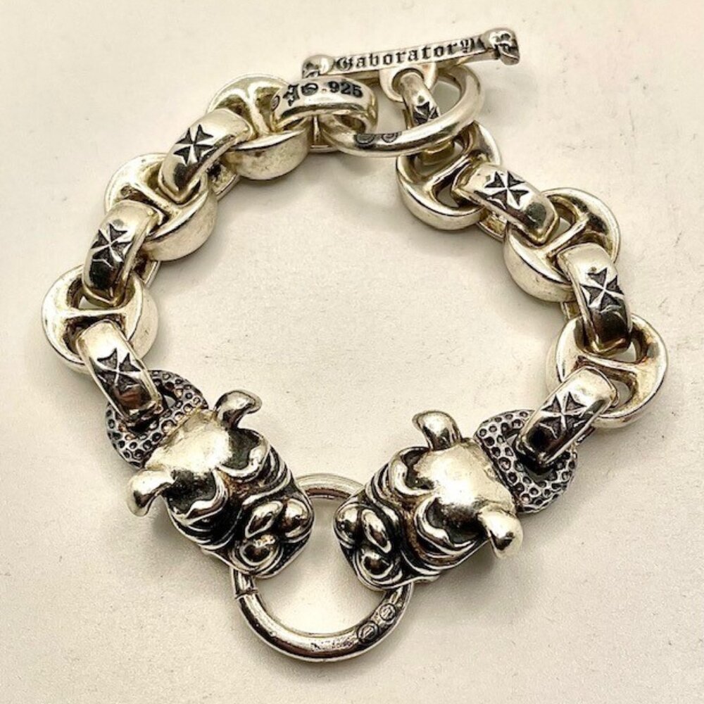 Gaboratory C'est Magnifique Vintage Silver Double Dog Biker Heavy BRACELET 106g